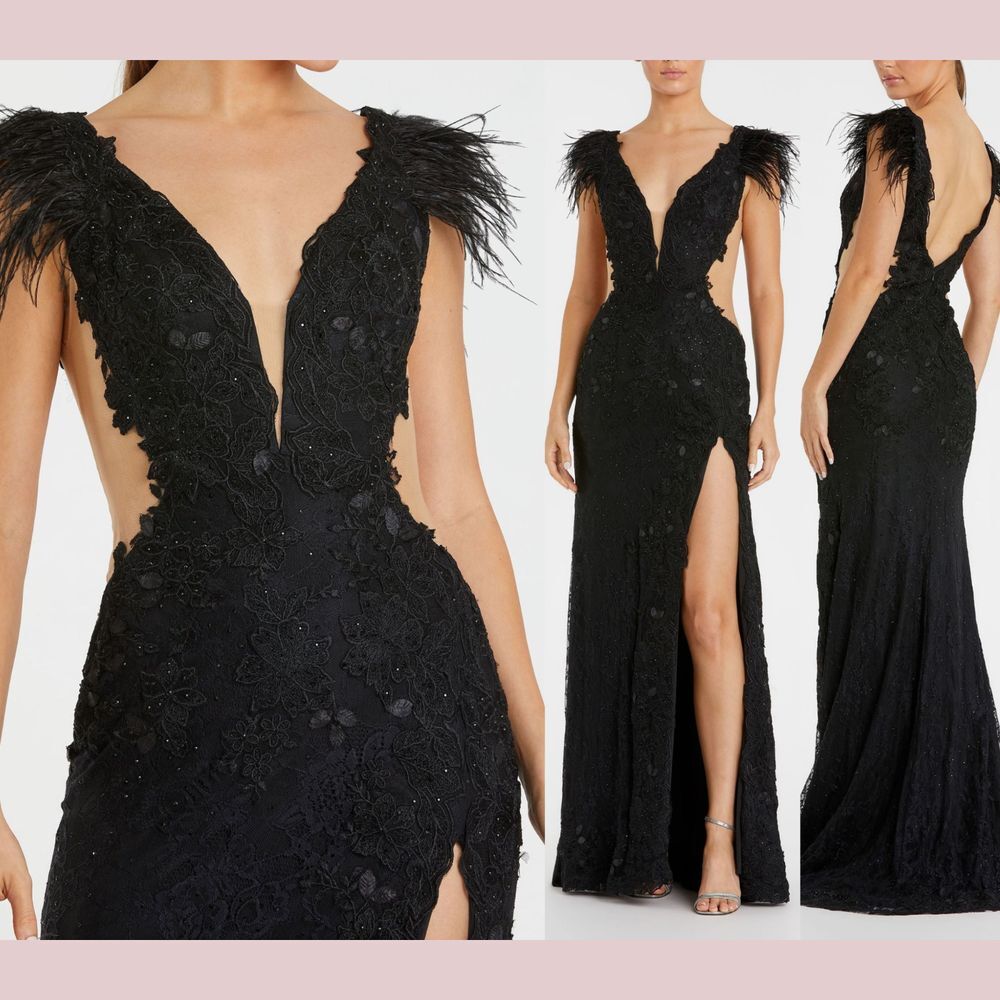 EUC Mac‎ Duggal [ 0 ] 67782 Feather Cap Sleeve Lace Gown w High Slit Black #Q959
